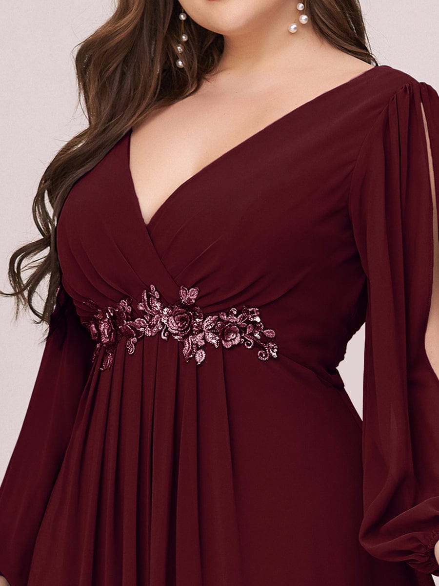 Lantern Long Slit Sleeve Deep V Applique Maxi Evening Dress #color_Burgundy