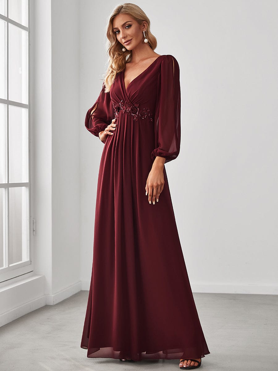 Lantern Long Slit Sleeve Deep V Applique Maxi Evening Dress #color_Burgundy