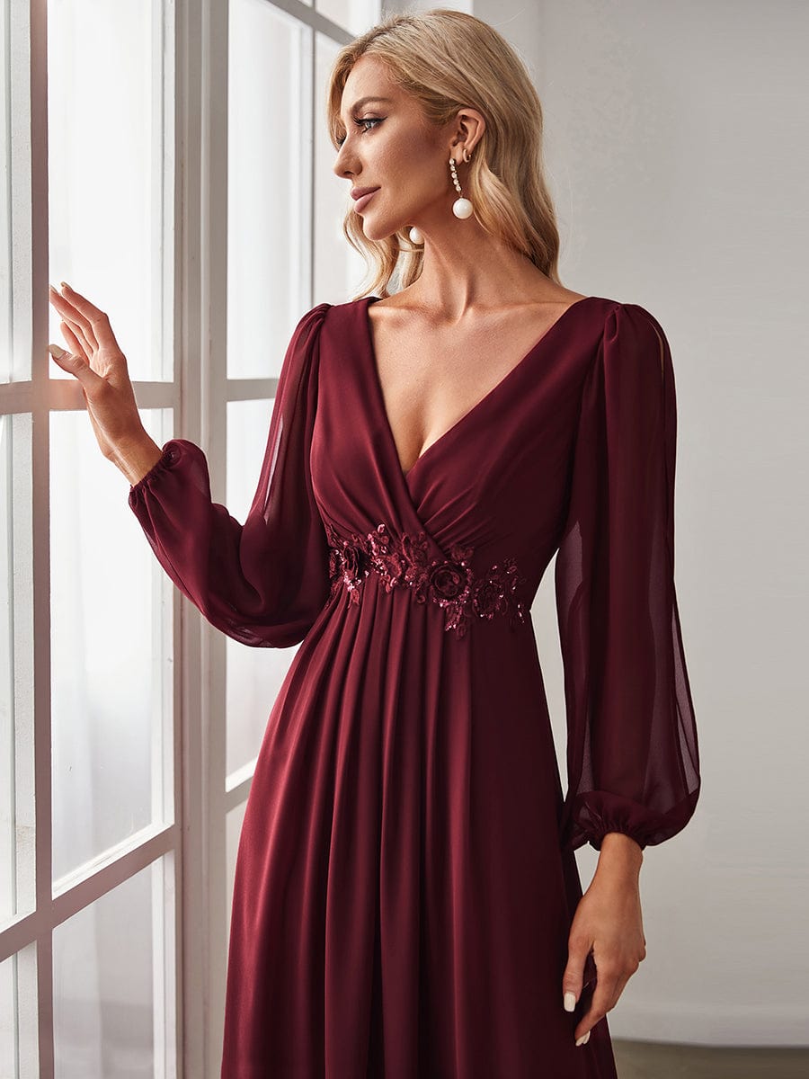 Lantern Long Slit Sleeve Deep V Applique Maxi Evening Dress #color_Burgundy