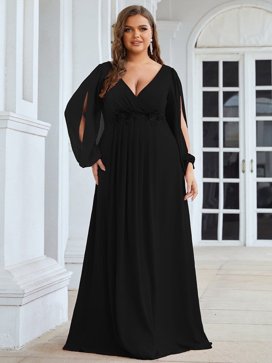 Lantern Long Slit Sleeve Deep V Applique Maxi Evening Dress #color_Black