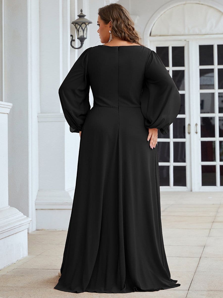 Lantern Long Slit Sleeve Deep V Applique Maxi Evening Dress #color_Black