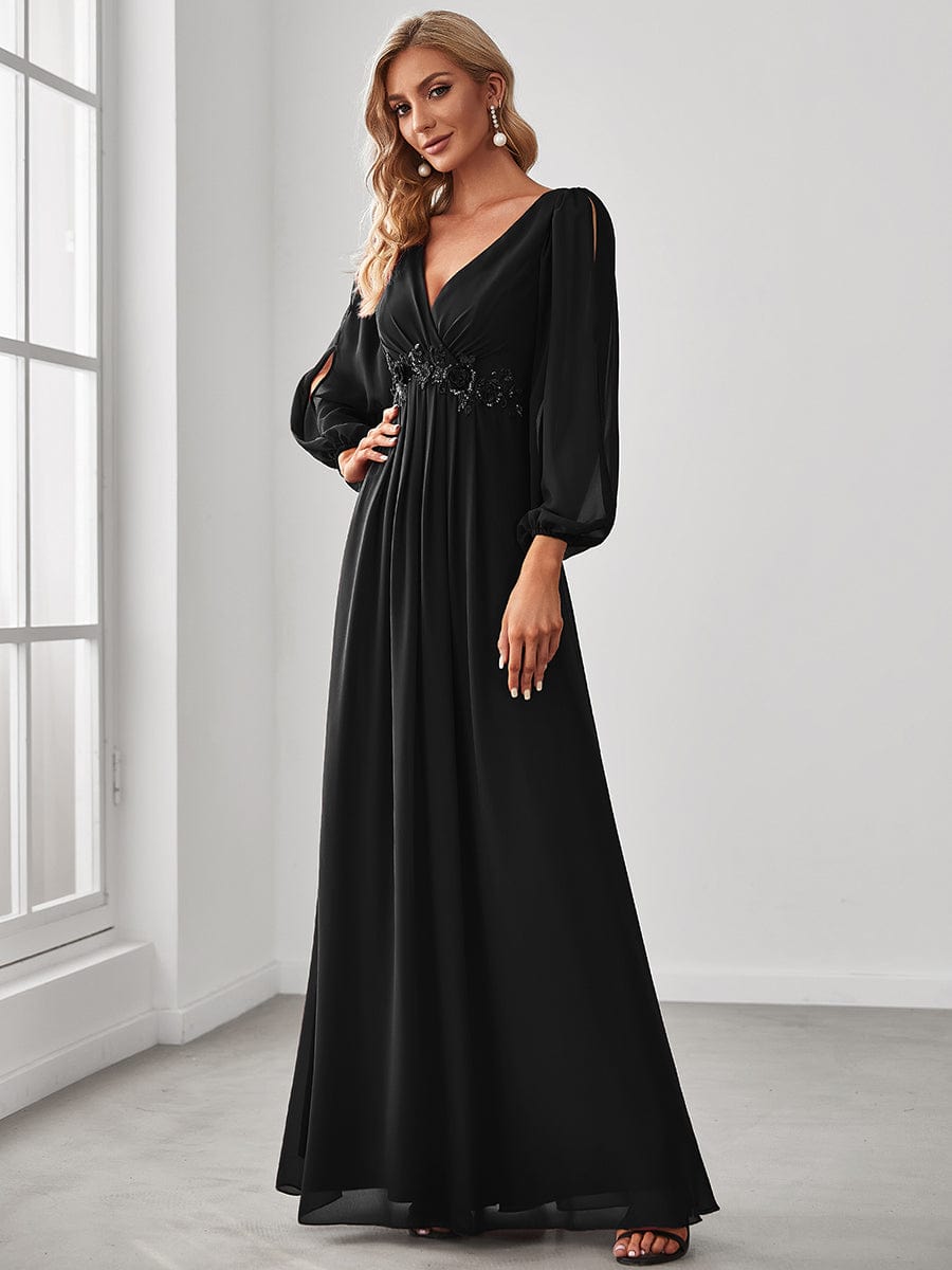 Lantern Long Slit Sleeve Deep V Applique Maxi Evening Dress #color_Black