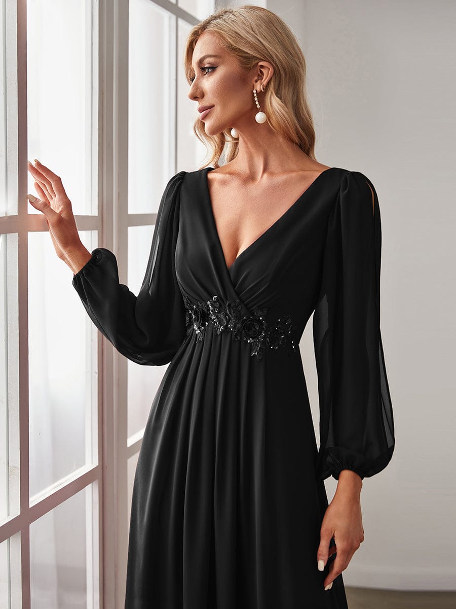 Lantern Long Slit Sleeve Deep V Applique Maxi Evening Dress #color_Black