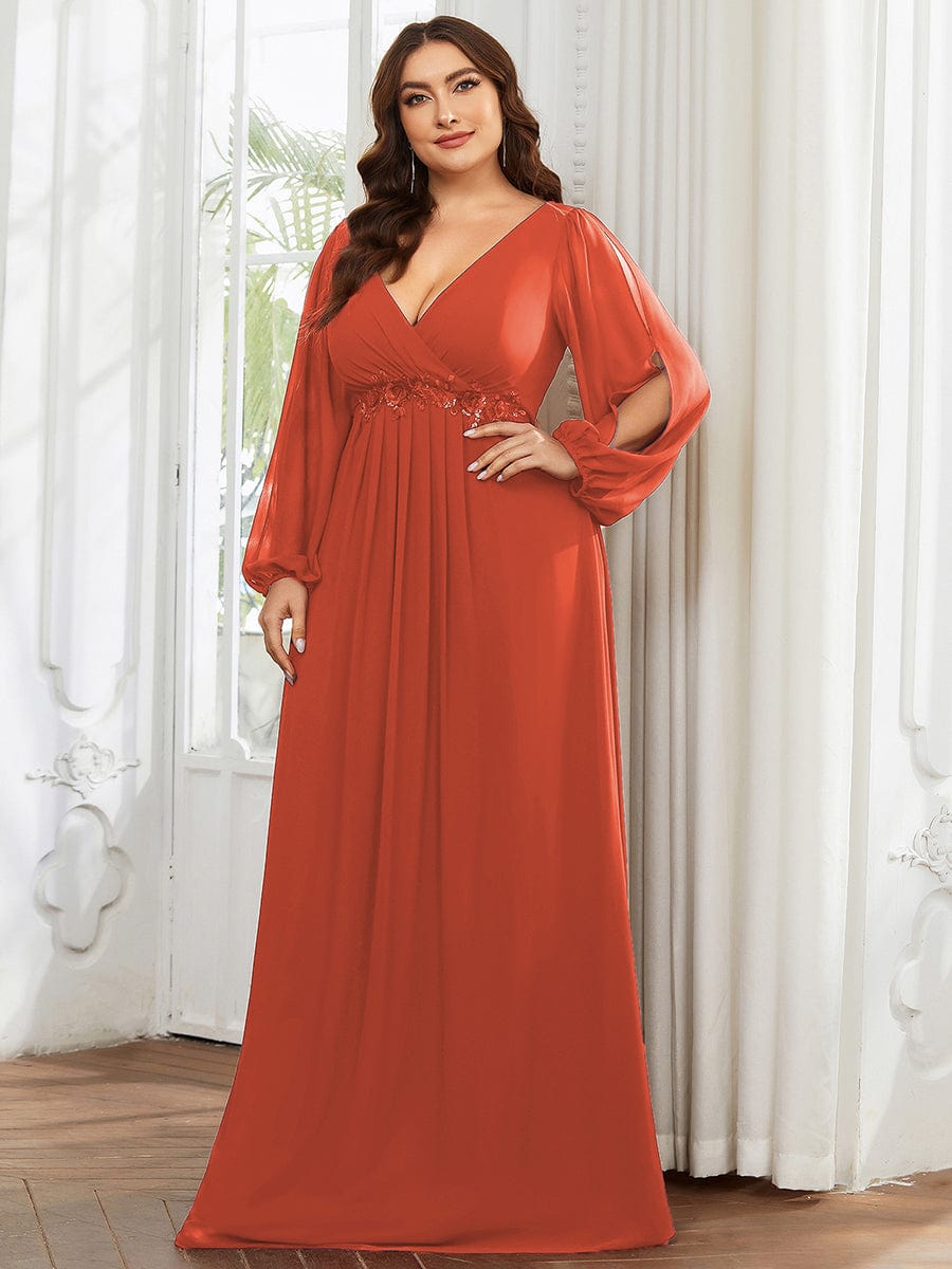 Stylish Chiffon Plus Size Evening Dresses with Long Lantern Sleeves #color_Burnt Orange