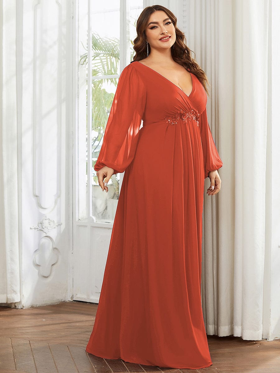 Stylish Chiffon Plus Size Evening Dresses with Long Lantern Sleeves #color_Burnt Orange