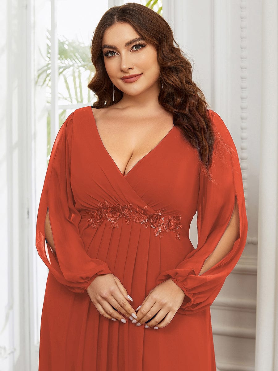 Stylish Chiffon Plus Size Evening Dresses with Long Lantern Sleeves #color_Burnt Orange