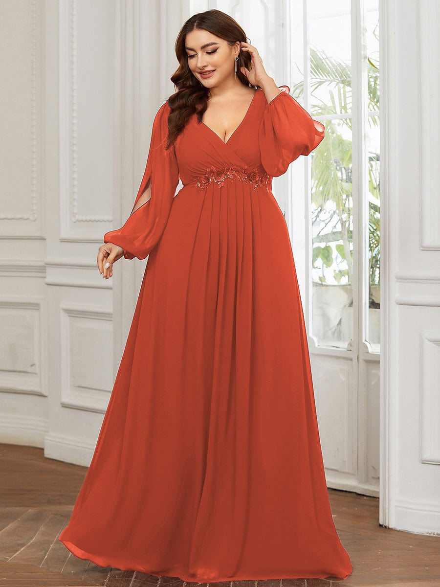 Stylish Chiffon Plus Size Evening Dresses with Long Lantern Sleeves #color_Burnt Orange