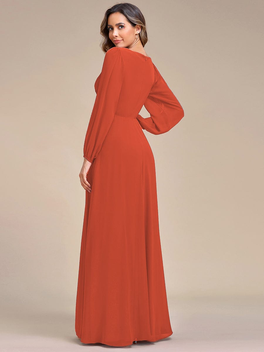 Custom Size Lantern Long Slit Sleeve Deep V Applique Maxi Evening Dress #color_burnt orange