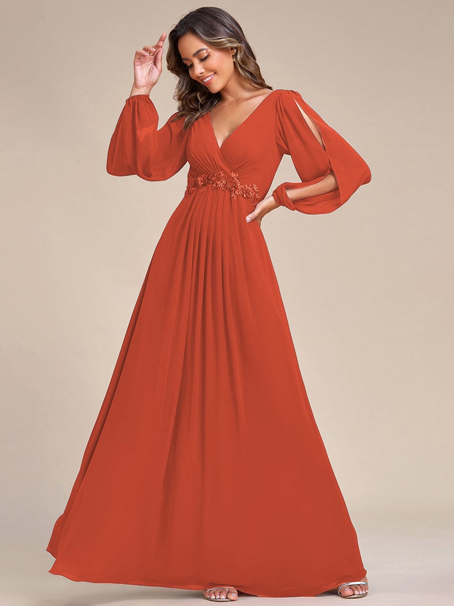 Custom Size Lantern Long Slit Sleeve Deep V Applique Maxi Evening Dress #color_burnt orange