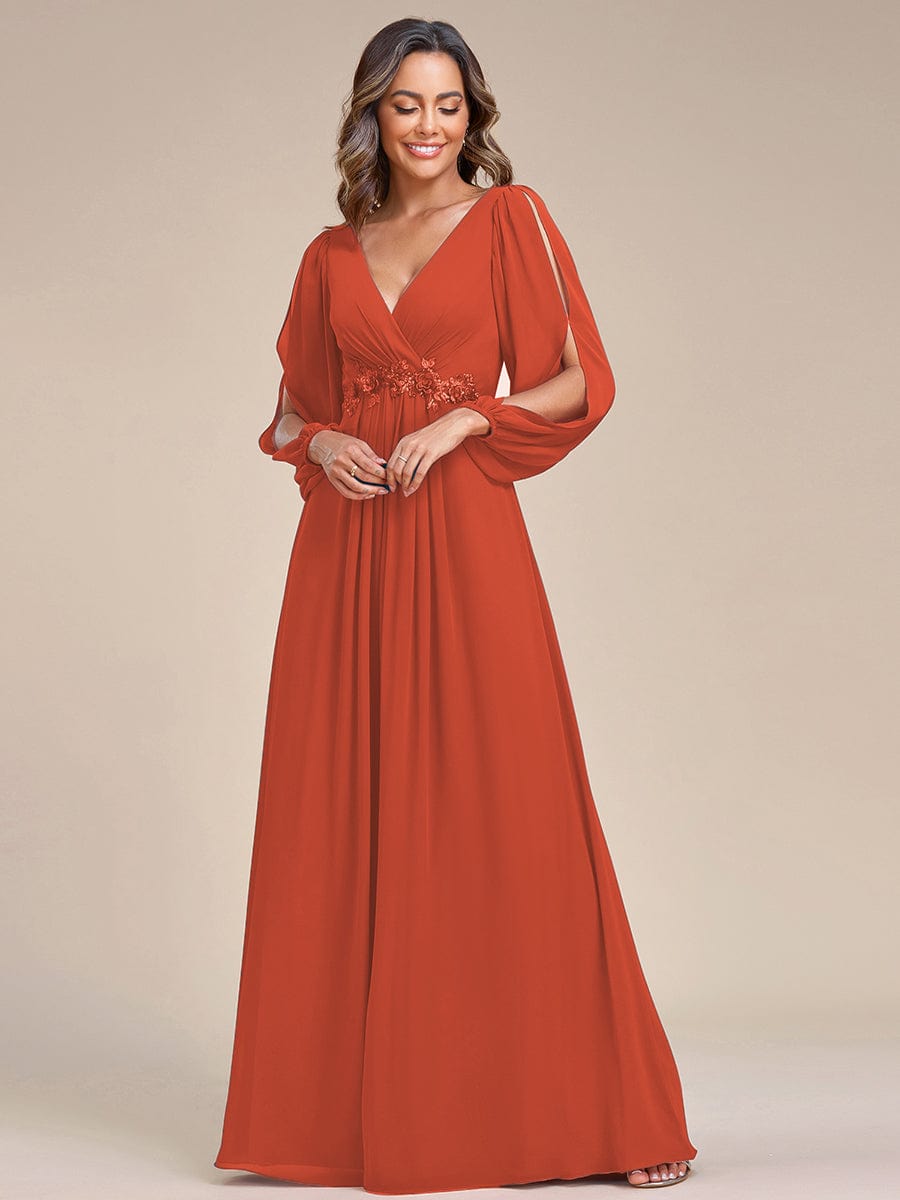 Custom Size Lantern Long Slit Sleeve Deep V Applique Maxi Evening Dress #color_burnt orange