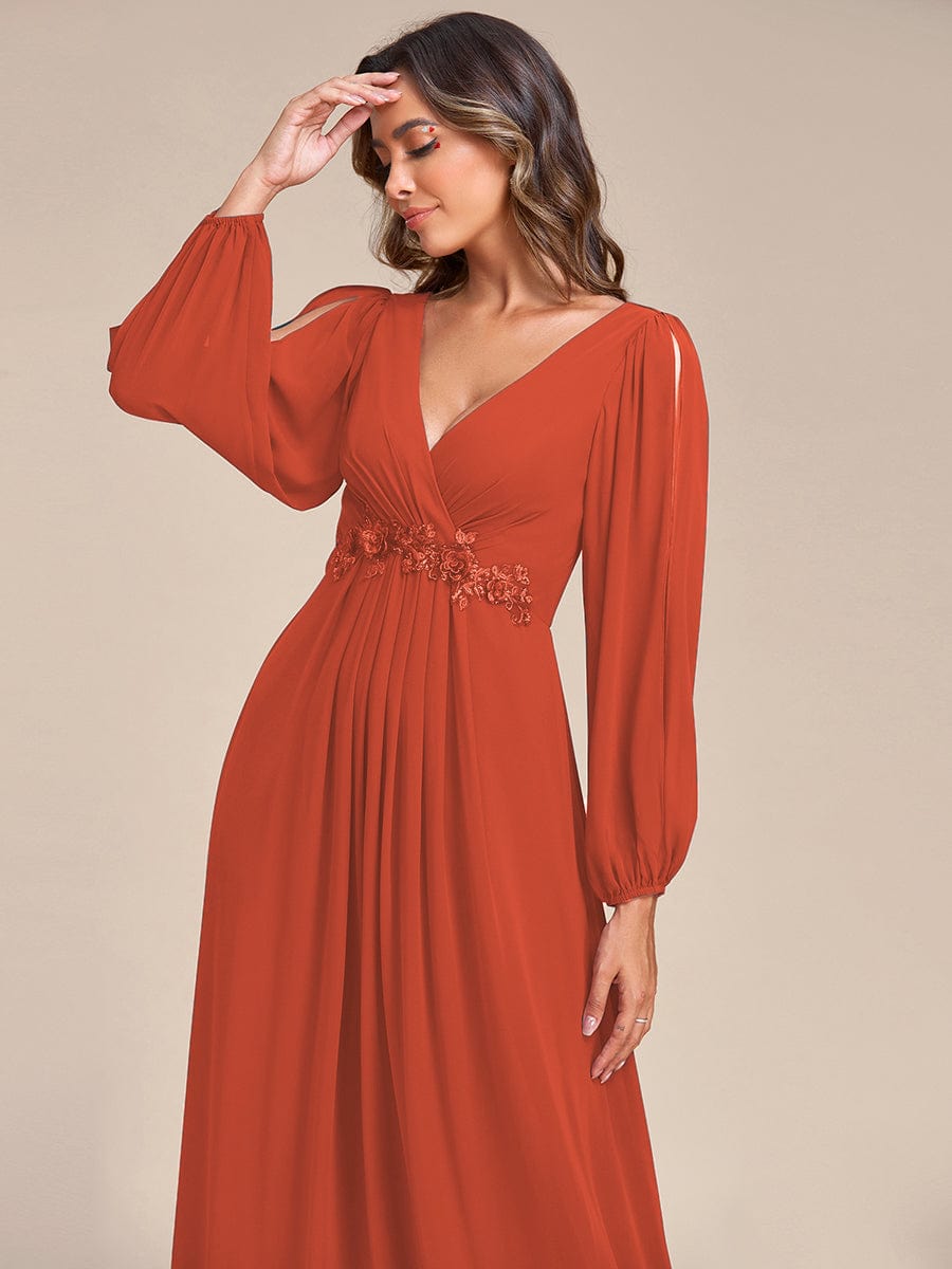 Custom Size Lantern Long Slit Sleeve Deep V Applique Maxi Evening Dress #color_burnt orange