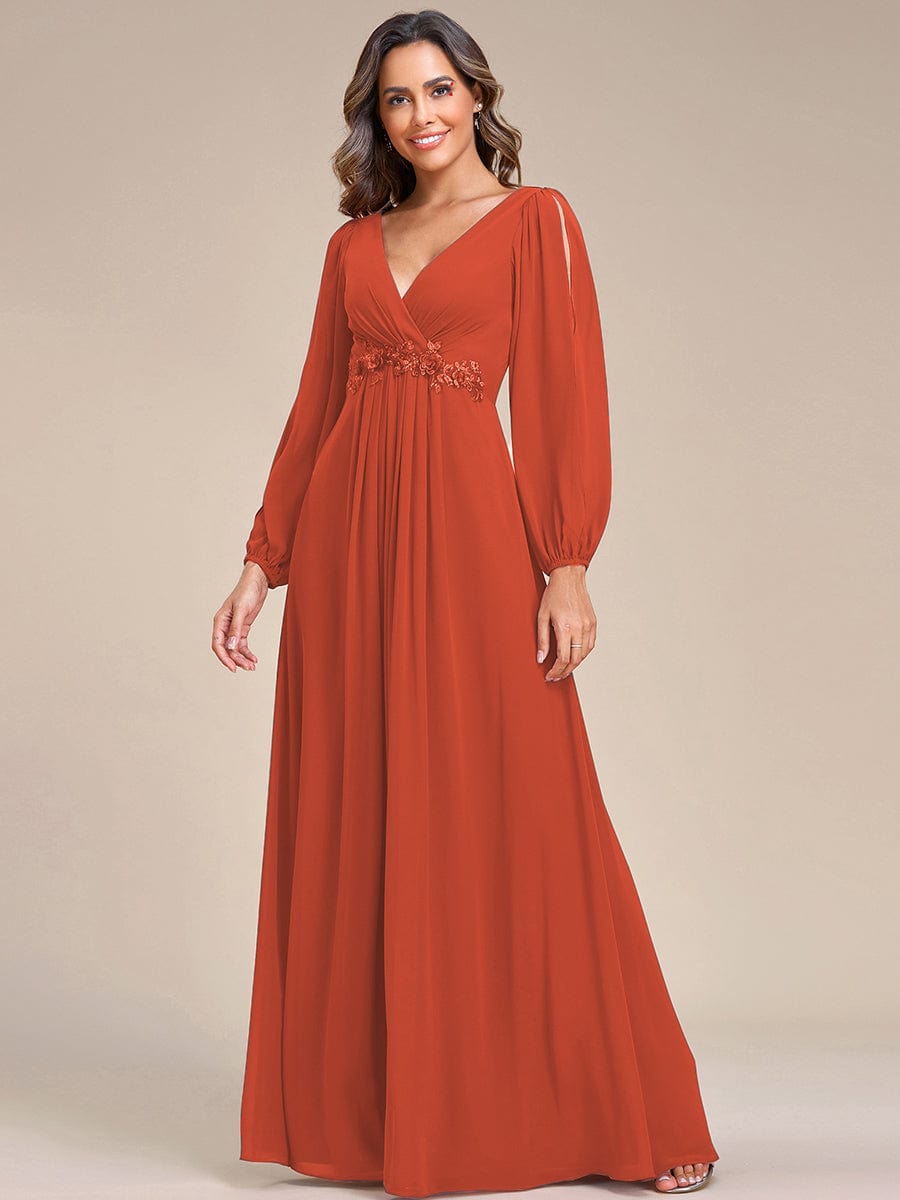 Custom Size Lantern Long Slit Sleeve Deep V Applique Maxi Evening Dress #color_burnt orange