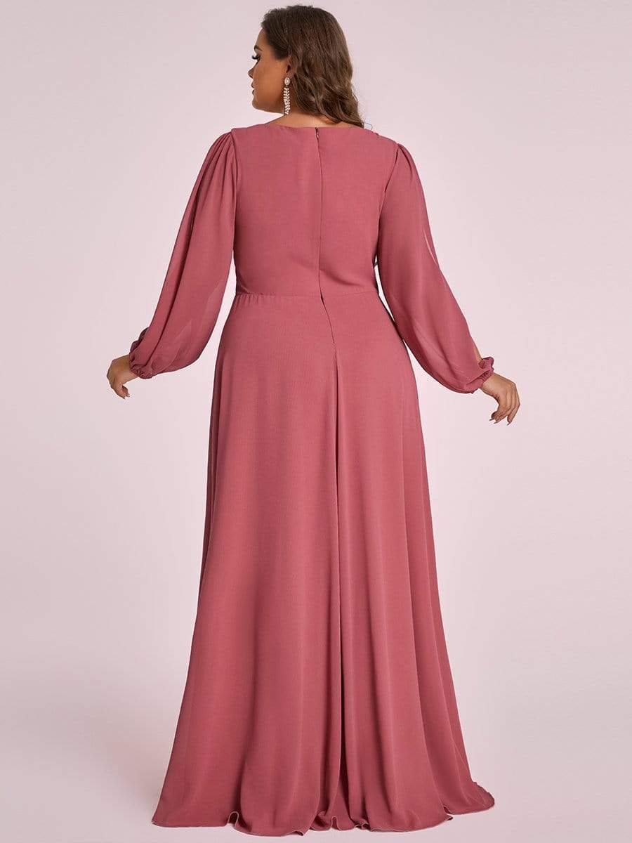 Lantern Long Slit Sleeve Deep V Applique Maxi Evening Dress #color_Cameo Brown