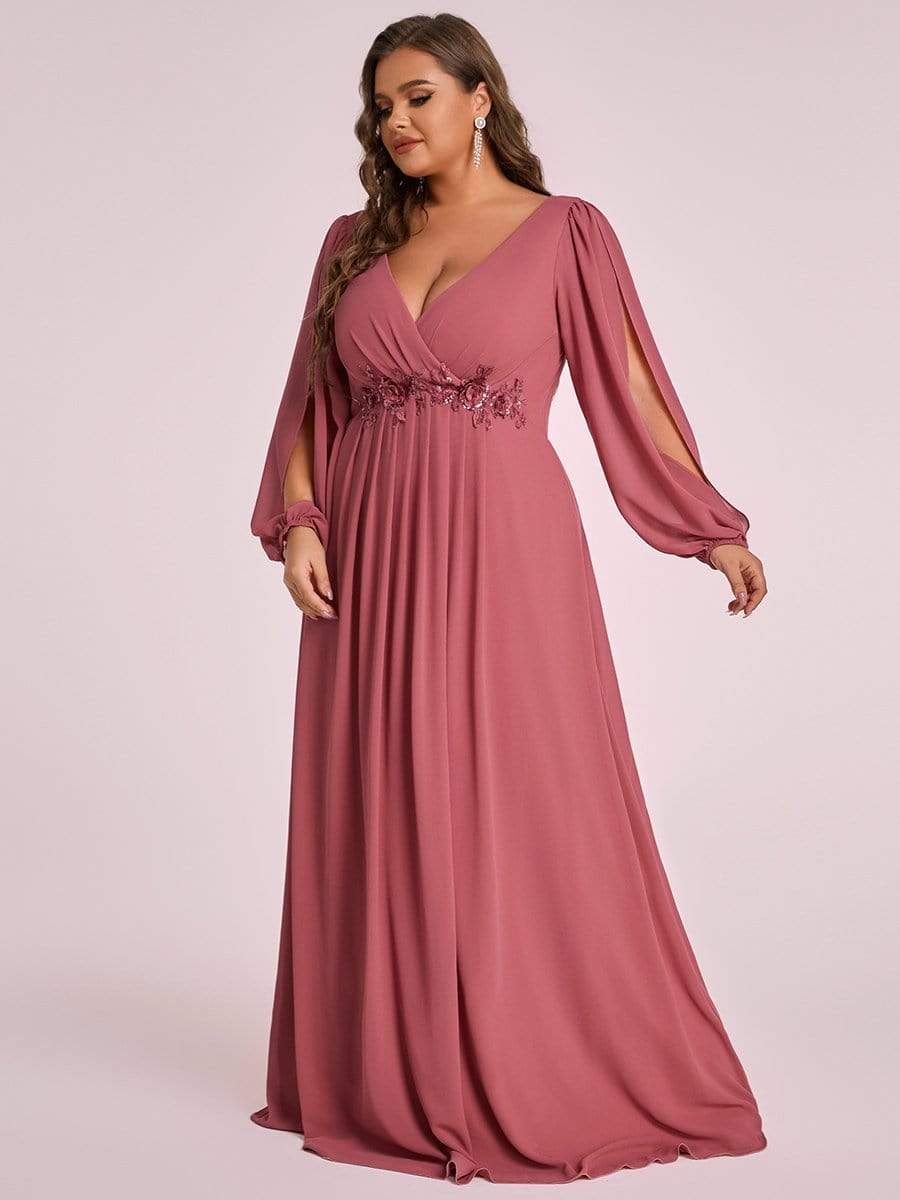 Lantern Long Slit Sleeve Deep V Applique Maxi Evening Dress #color_Cameo Brown