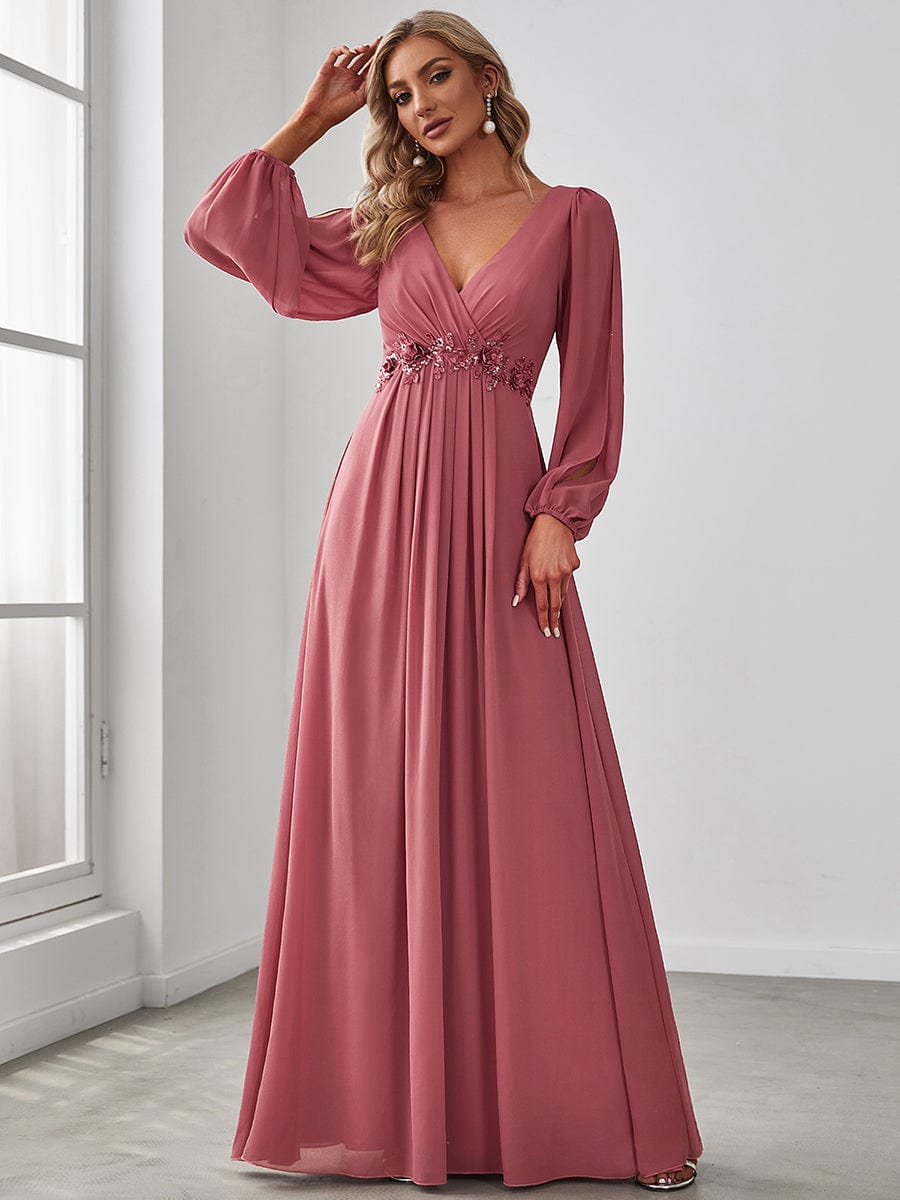 Lantern Long Slit Sleeve Deep V Applique Maxi Evening Dress #color_Cameo Brown