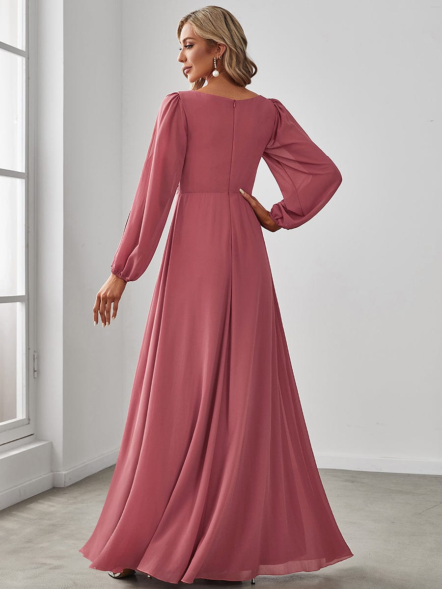 Lantern Long Slit Sleeve Deep V Applique Maxi Evening Dress #color_Cameo Brown