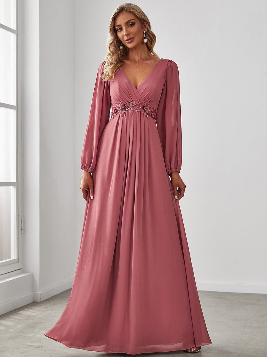 Lantern Long Slit Sleeve Deep V Applique Maxi Evening Dress #color_Cameo Brown