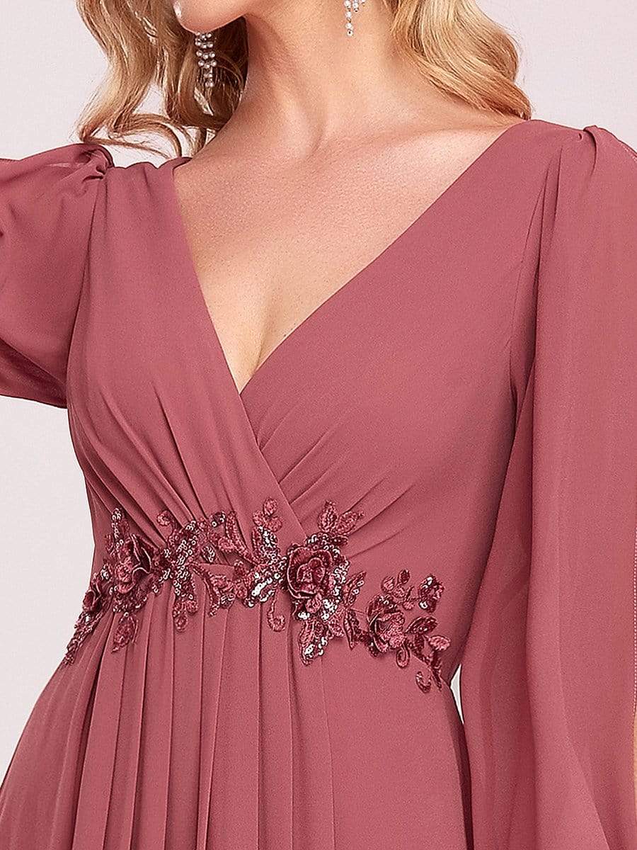 Lantern Long Slit Sleeve Deep V Applique Maxi Evening Dress #color_Cameo Brown