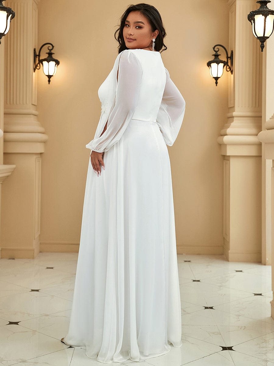 Lantern Long Slit Sleeve Deep V Applique Maxi Evening Dress #color_Cream