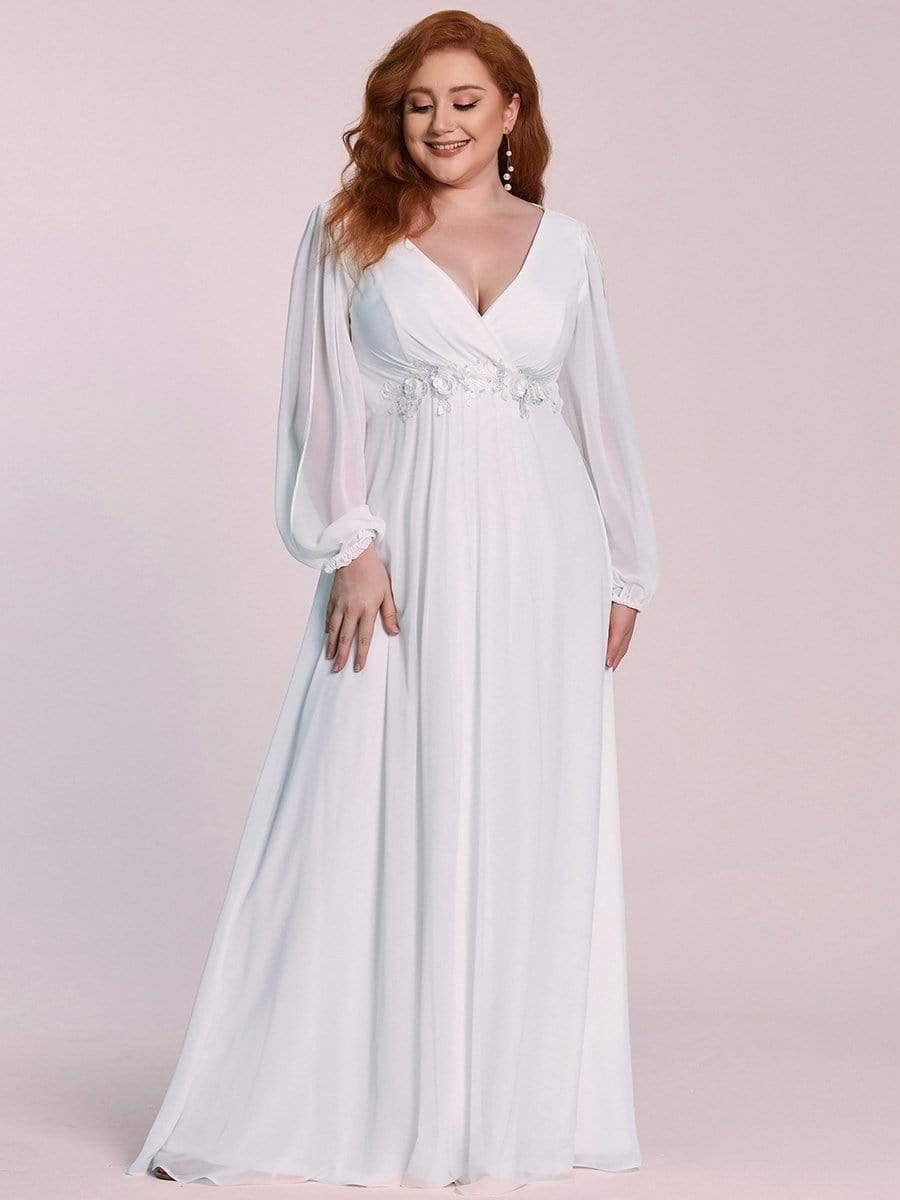 Lantern Long Slit Sleeve Deep V Applique Maxi Evening Dress #color_Cream