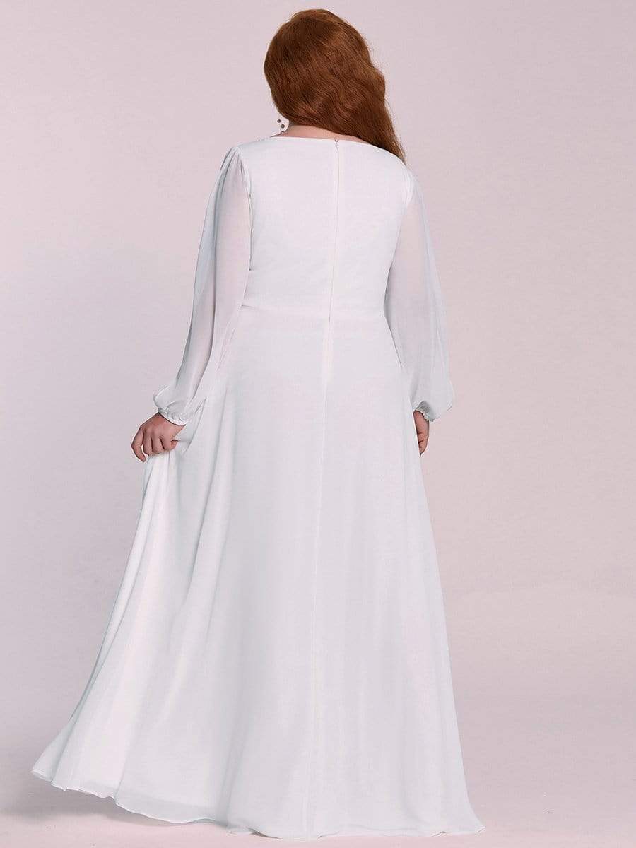 Lantern Long Slit Sleeve Deep V Applique Maxi Evening Dress #color_Cream