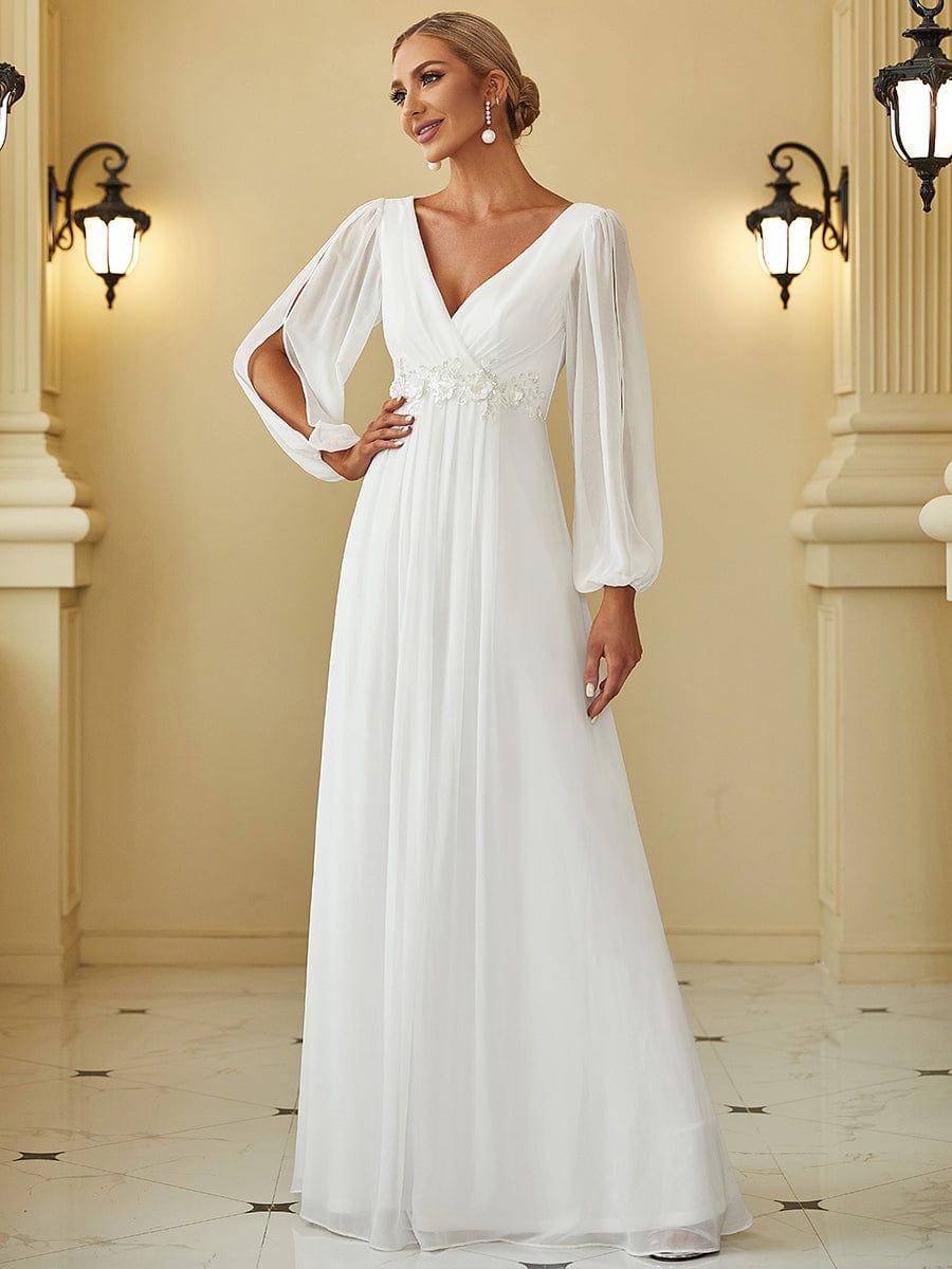 Lantern Long Slit Sleeve Deep V Applique Maxi Evening Dress #color_Cream