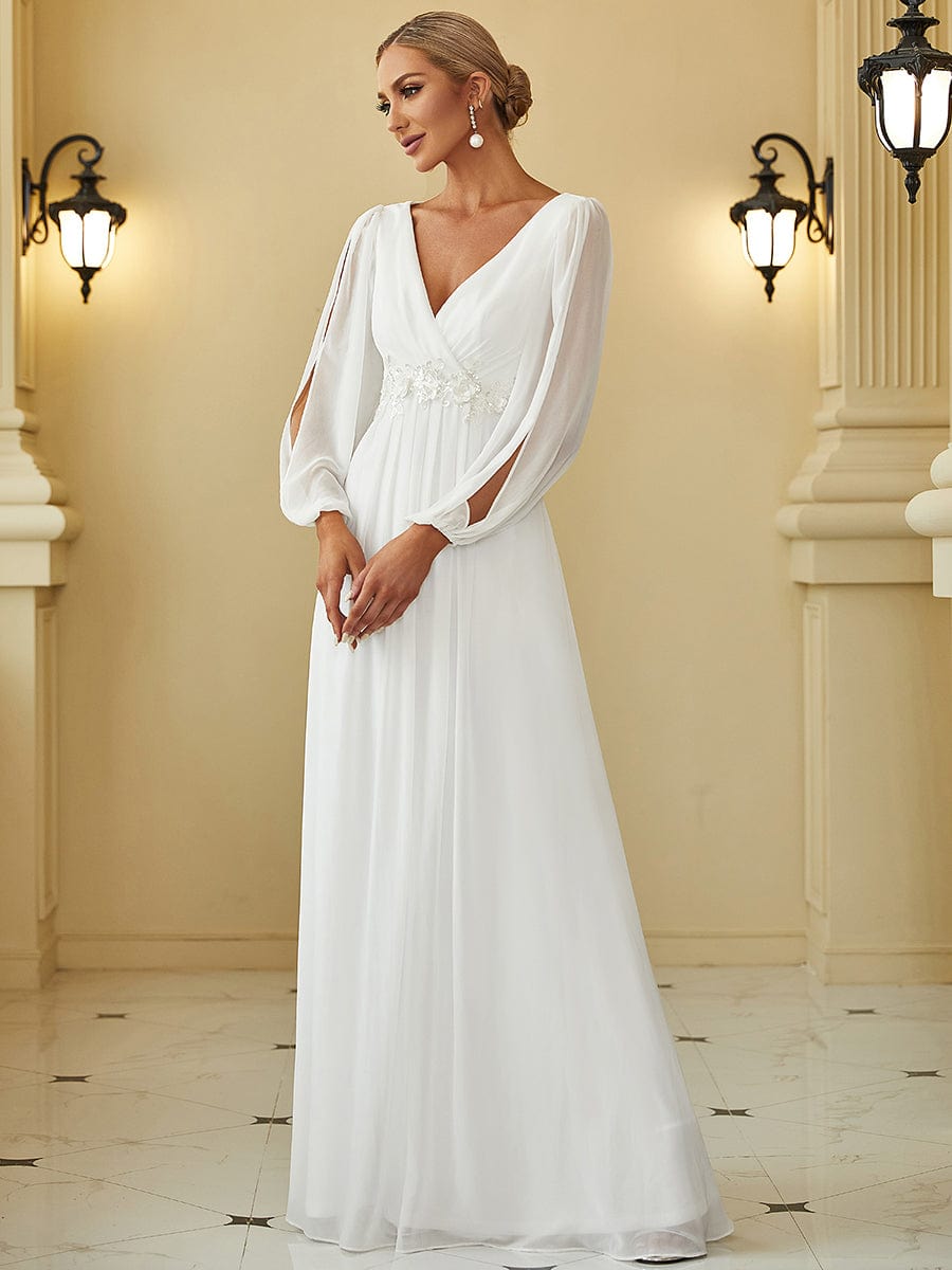 Lantern Long Slit Sleeve Deep V Applique Maxi Evening Dress #color_Cream