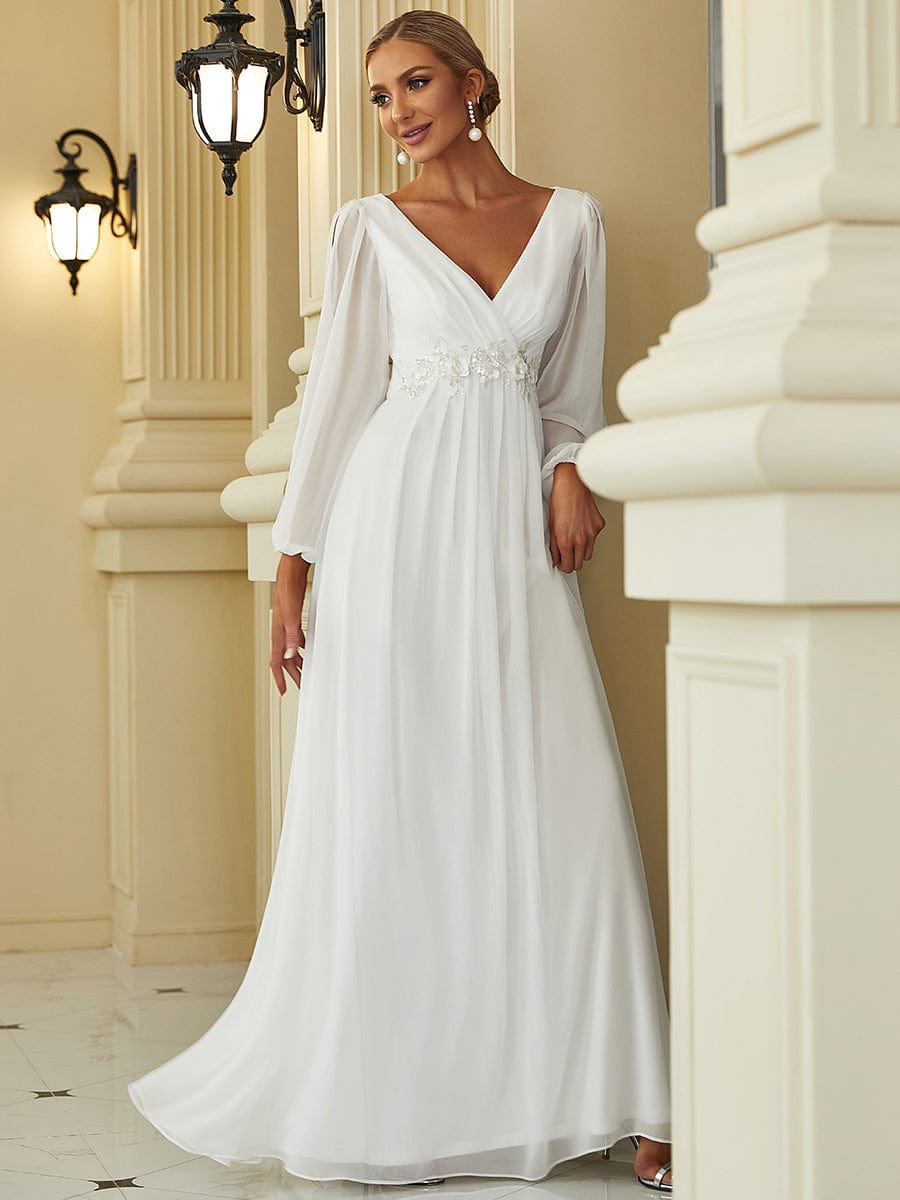 Lantern Long Slit Sleeve Deep V Applique Maxi Evening Dress #color_Cream