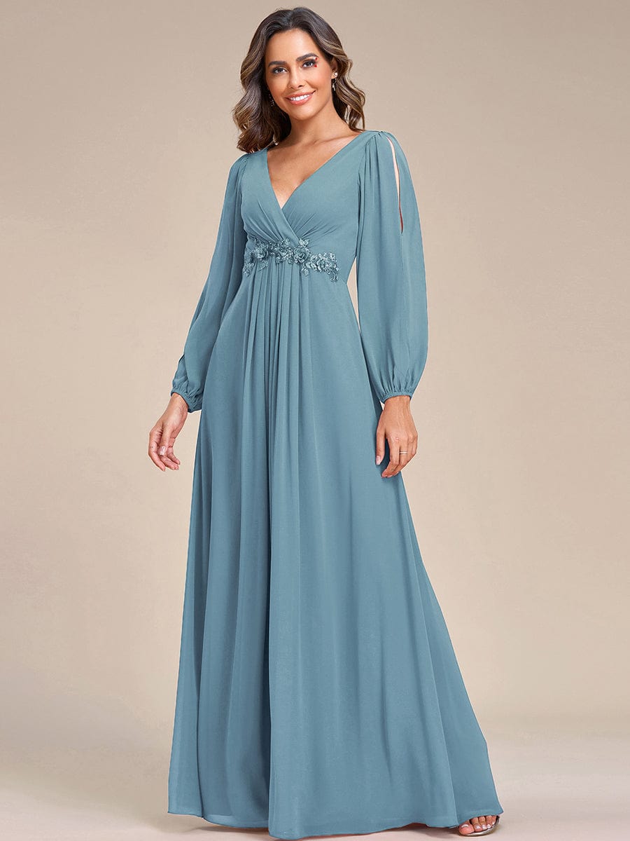 Custom Size Lantern Long Slit Sleeve Deep V Applique Maxi Evening Dress #color_Light Teal