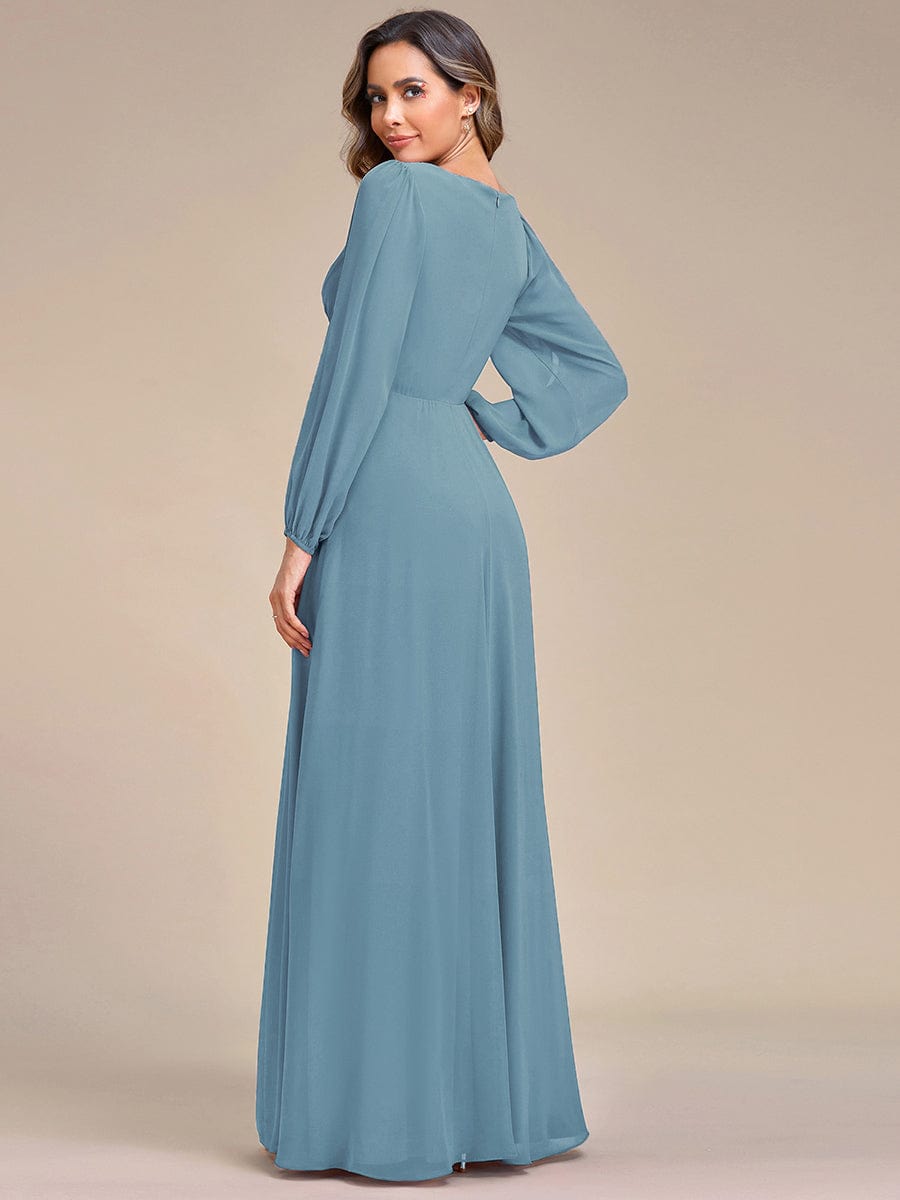 Custom Size Lantern Long Slit Sleeve Deep V Applique Maxi Evening Dress #color_Dusty blue