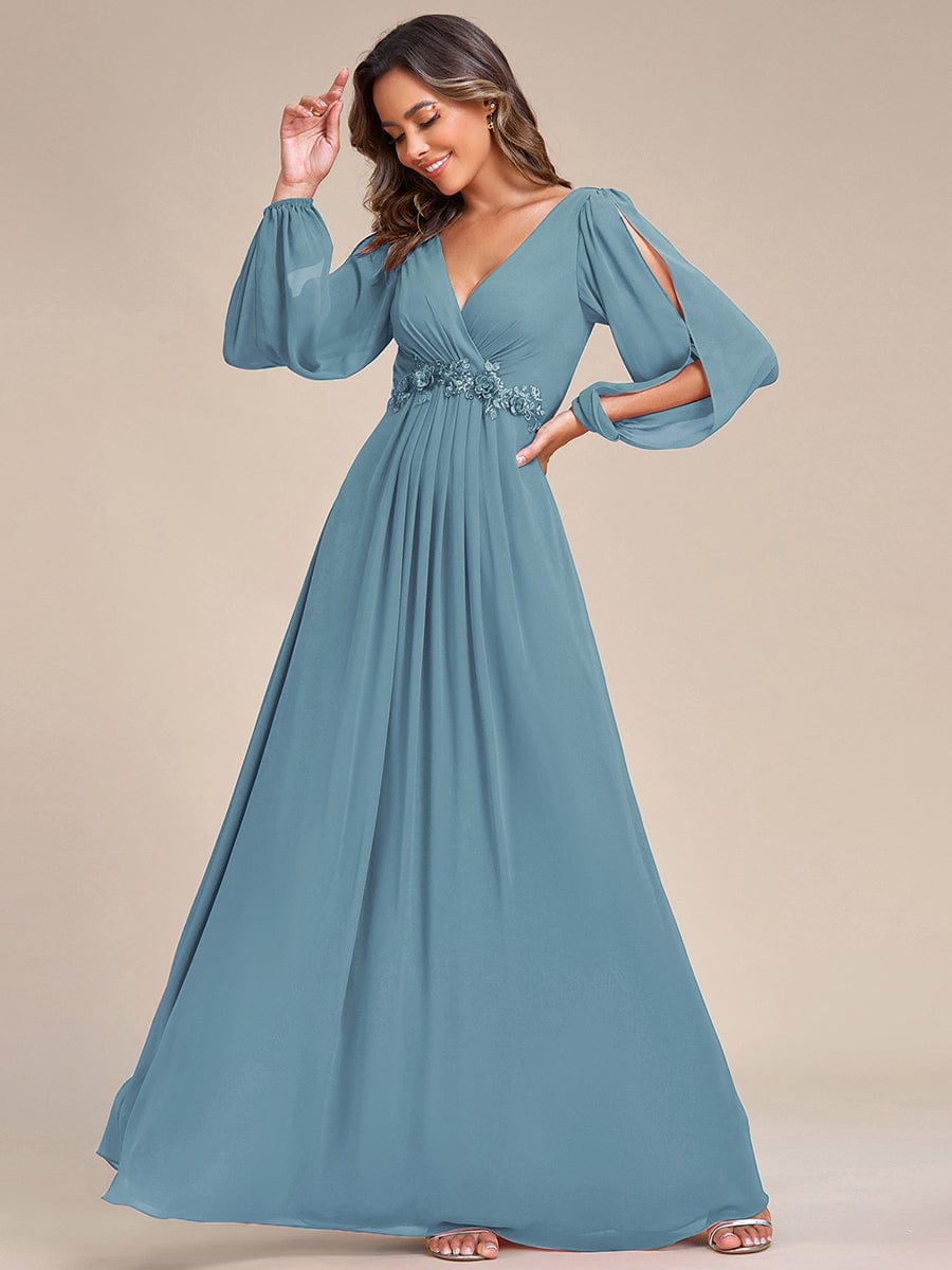 Custom Size Lantern Long Slit Sleeve Deep V Applique Maxi Evening Dress #color_Dusty blue