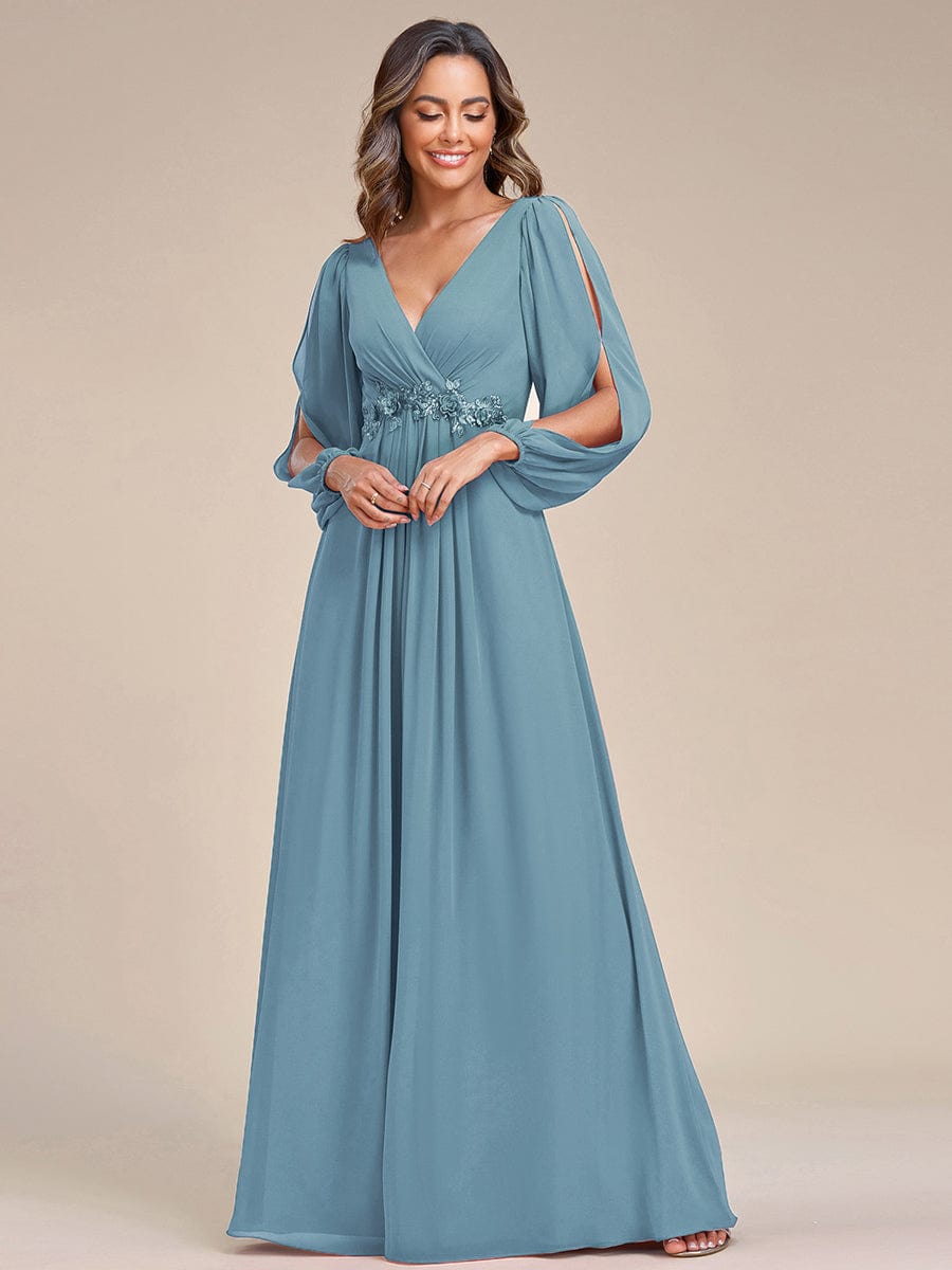 Custom Size Lantern Long Slit Sleeve Deep V Applique Maxi Evening Dress #color_Dusty blue