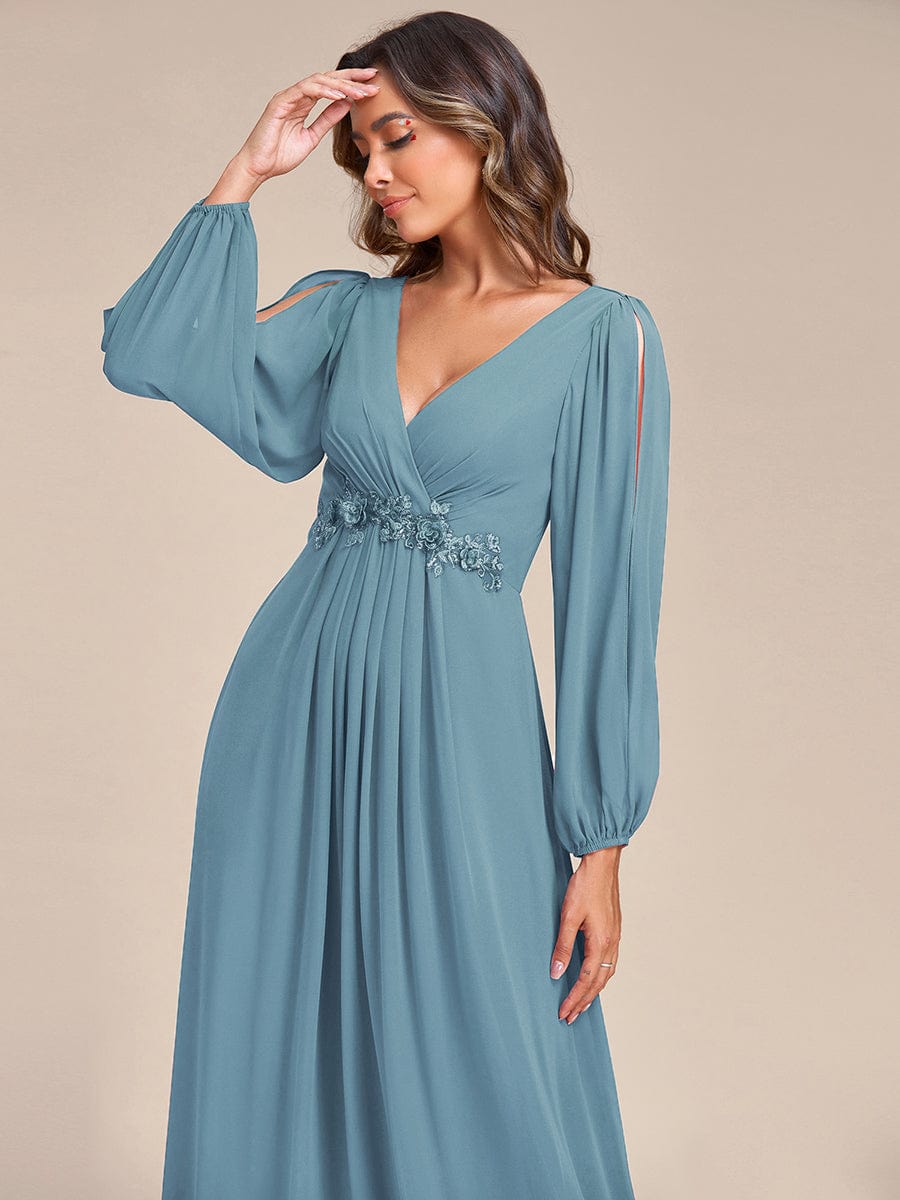 Custom Size Lantern Long Slit Sleeve Deep V Applique Maxi Evening Dress #color_Light Teal