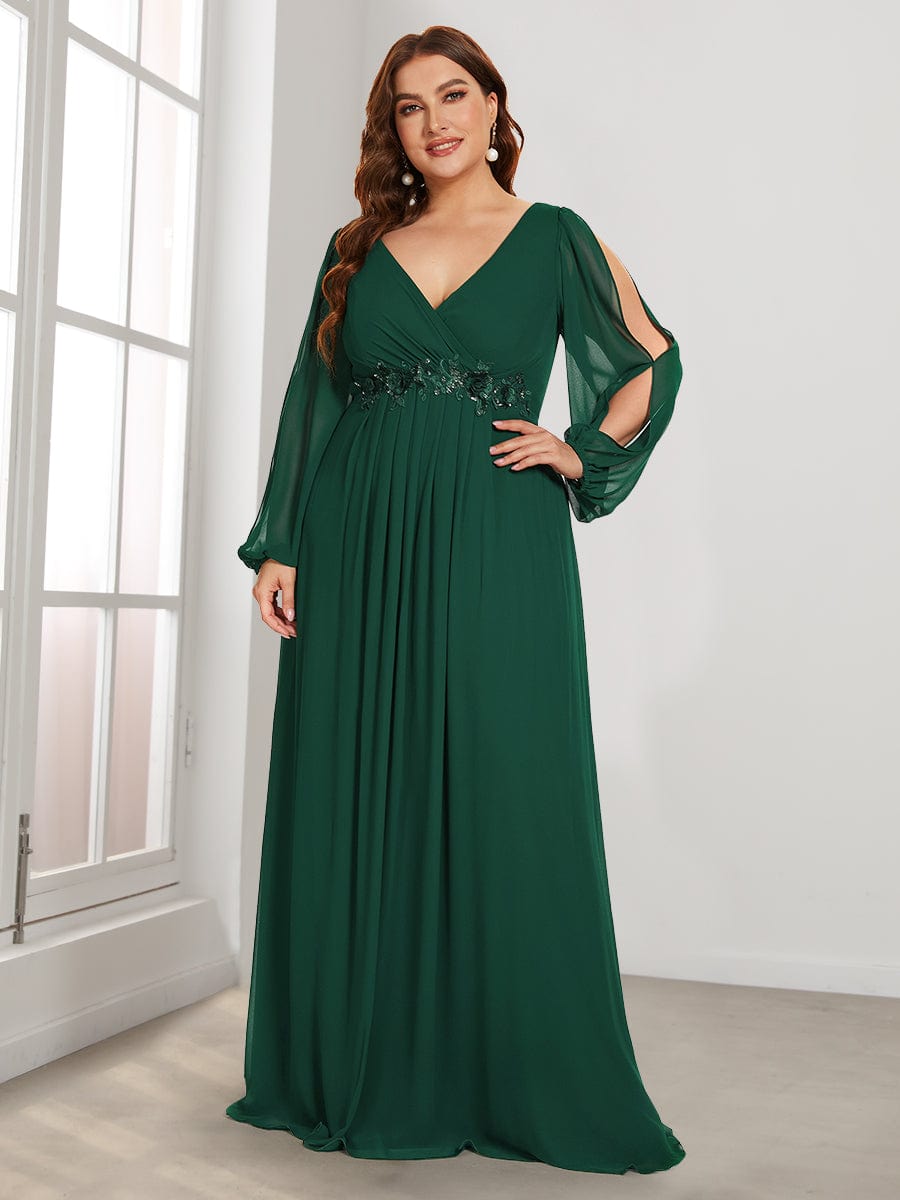 Lantern Long Slit Sleeve Deep V Applique Maxi Evening Dress #color_Dark Green