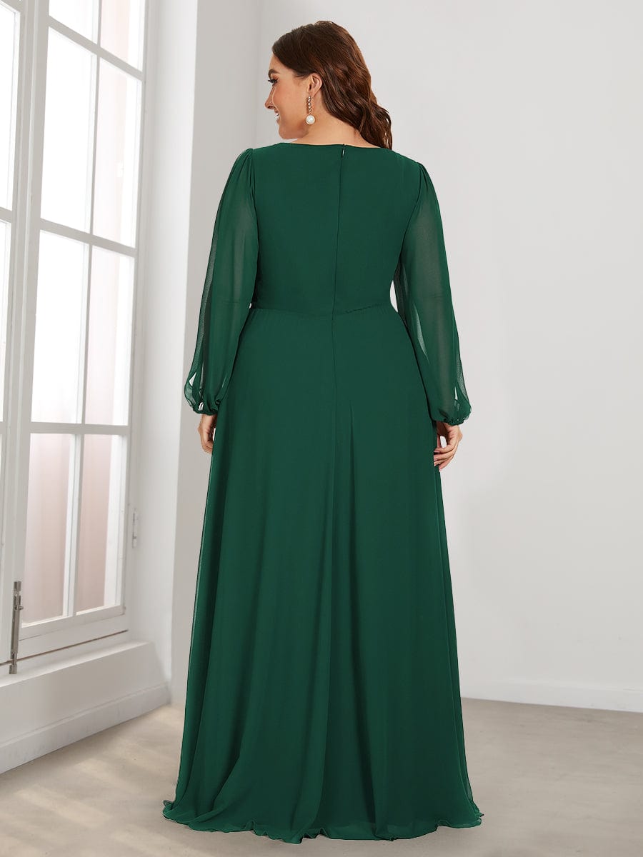 Lantern Long Slit Sleeve Deep V Applique Maxi Evening Dress #color_Dark Green