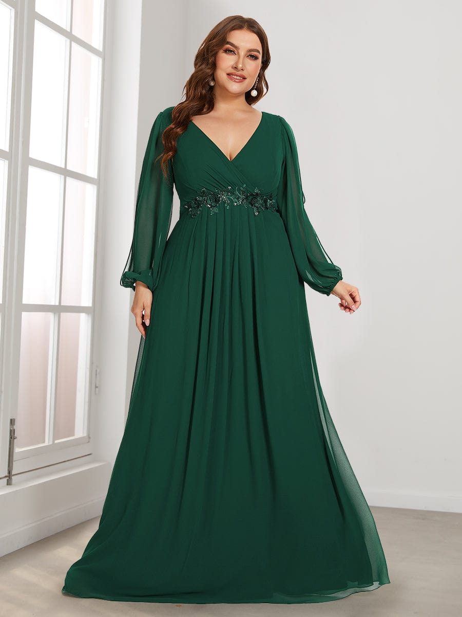 Stylish Chiffon Plus Size Evening Dresses with Long Lantern Sleeves #color_Dark Green