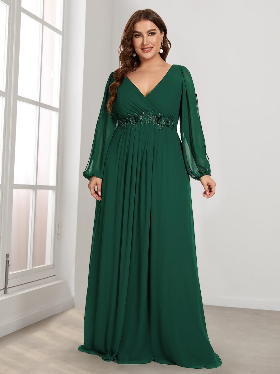 Stylish Chiffon Plus Size Evening Dresses with Long Lantern Sleeves #color_Dark Green