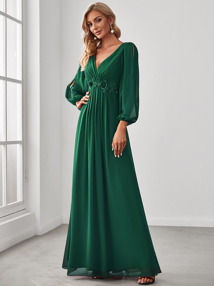 Lantern Long Slit Sleeve Deep V Applique Maxi Evening Dress #color_Dark Green