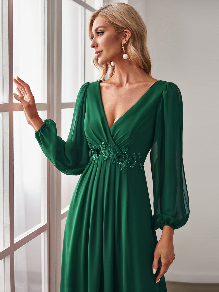 Lantern Long Slit Sleeve Deep V Applique Maxi Evening Dress #color_Dark Green