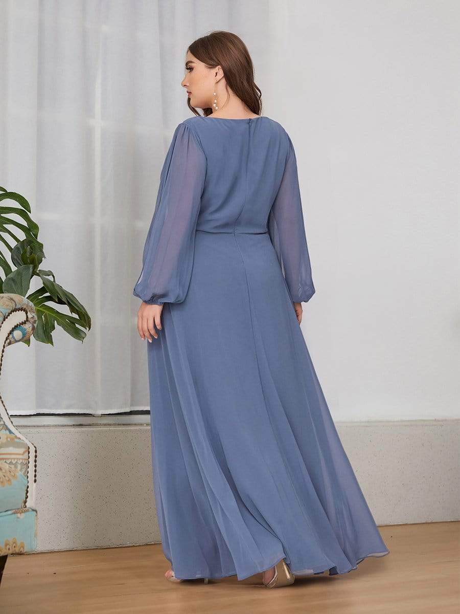 Lantern Long Slit Sleeve Deep V Applique Maxi Evening Dress #color_Dusty Blue