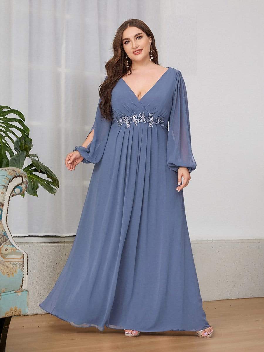 Lantern Long Slit Sleeve Deep V Applique Maxi Evening Dress #color_Dusty Blue