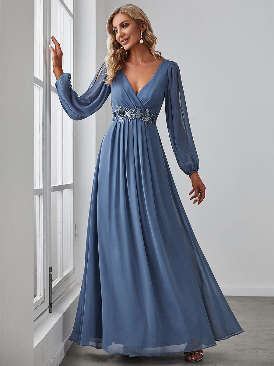 Lantern Long Slit Sleeve Deep V Applique Maxi Evening Dress #color_Dusty Navy