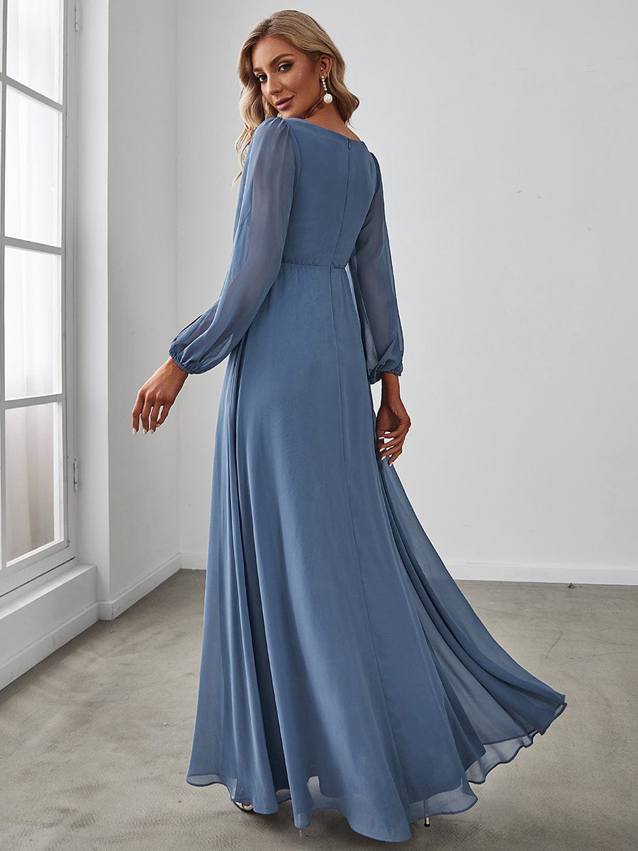 Lantern Long Slit Sleeve Deep V Applique Maxi Evening Dress #color_Dusty Blue