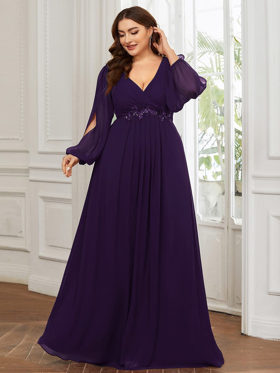 Custom Size Lantern Long Slit Sleeve Deep V Applique Maxi Evening Dress #color_Dark Purple