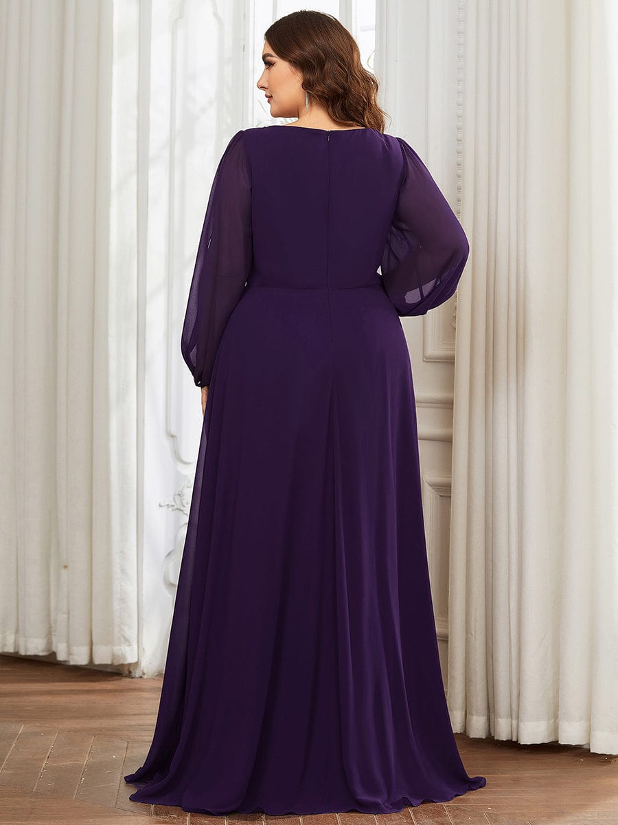 Custom Size Lantern Long Slit Sleeve Deep V Applique Maxi Evening Dress #color_Dark Purple