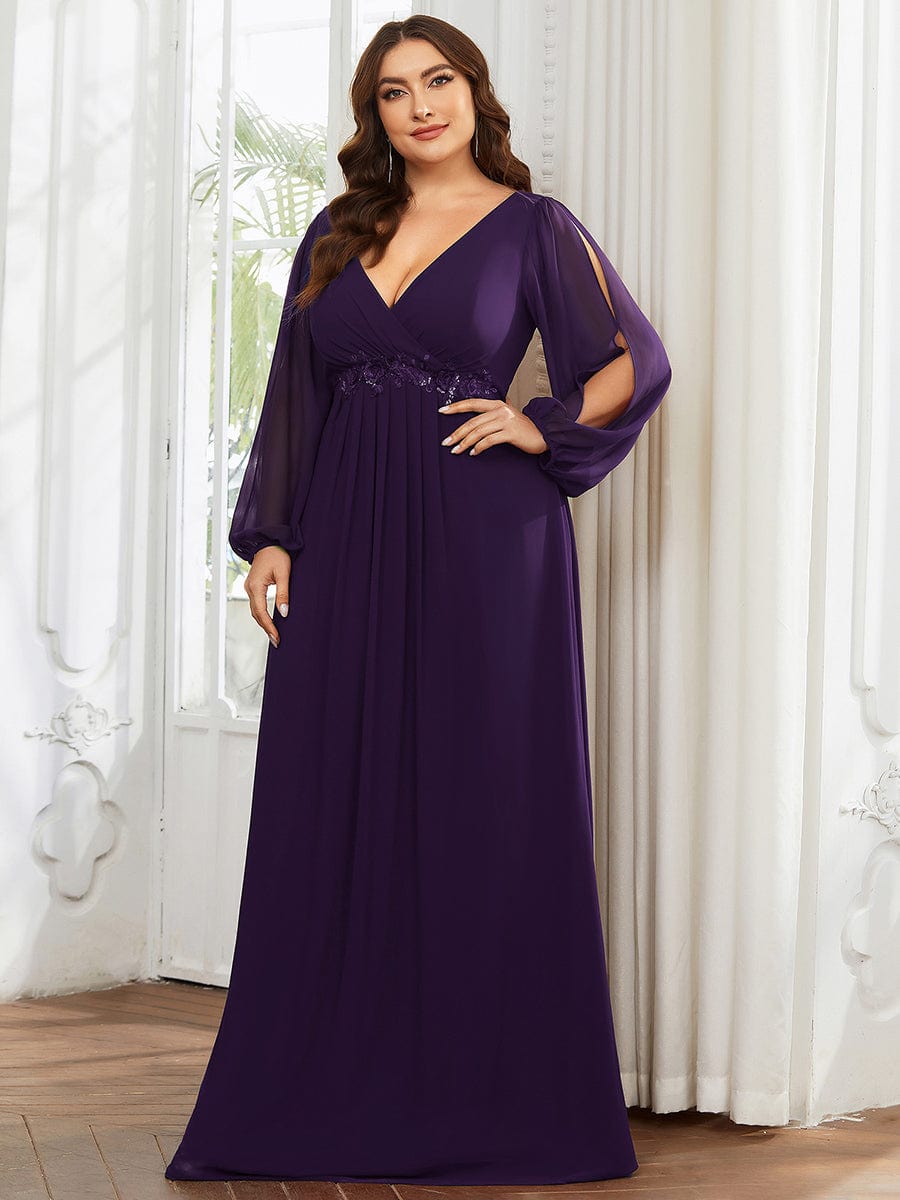 Custom Size Lantern Long Slit Sleeve Deep V Applique Maxi Evening Dress #color_Dark Purple