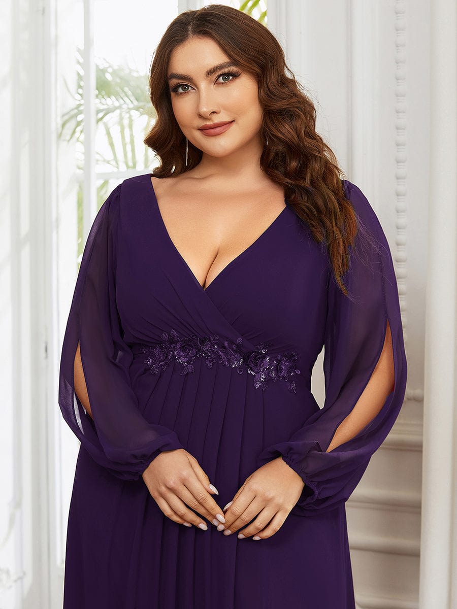 Custom Size Lantern Long Slit Sleeve Deep V Applique Maxi Evening Dress #color_Dark Purple