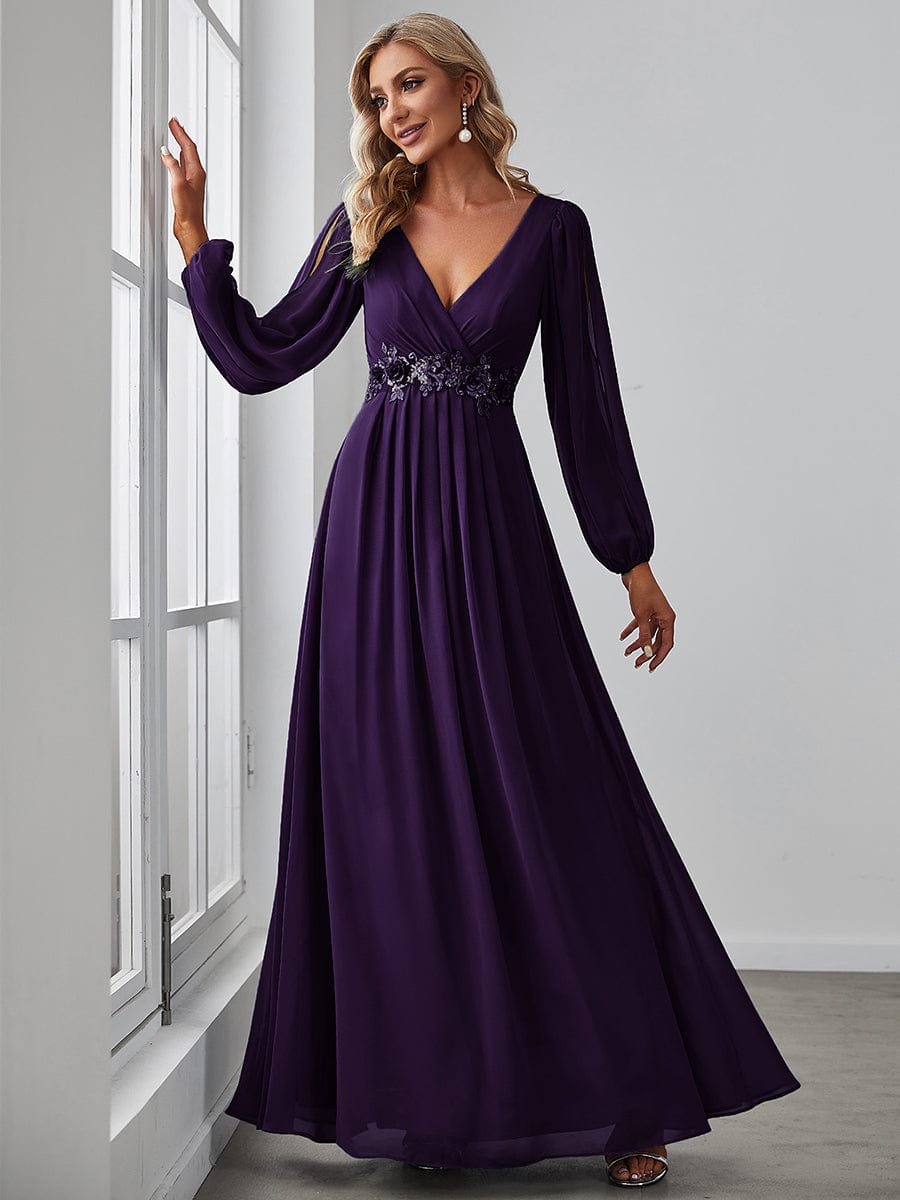 Lantern Long Slit Sleeve Deep V Applique Maxi Evening Dress #color_Dark Purple