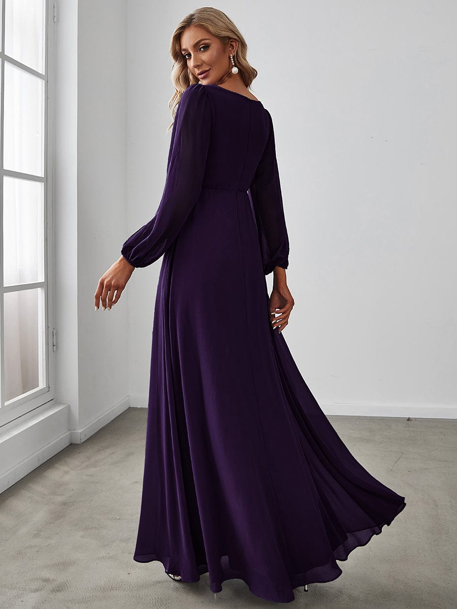 Lantern Long Slit Sleeve Deep V Applique Maxi Evening Dress #color_Dark Purple