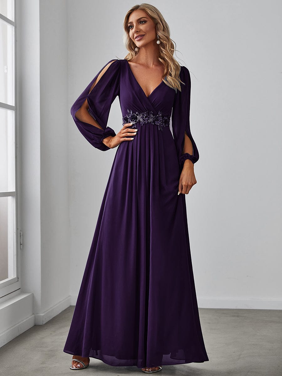 Lantern Long Slit Sleeve Deep V Applique Maxi Evening Dress #color_Dark Purple